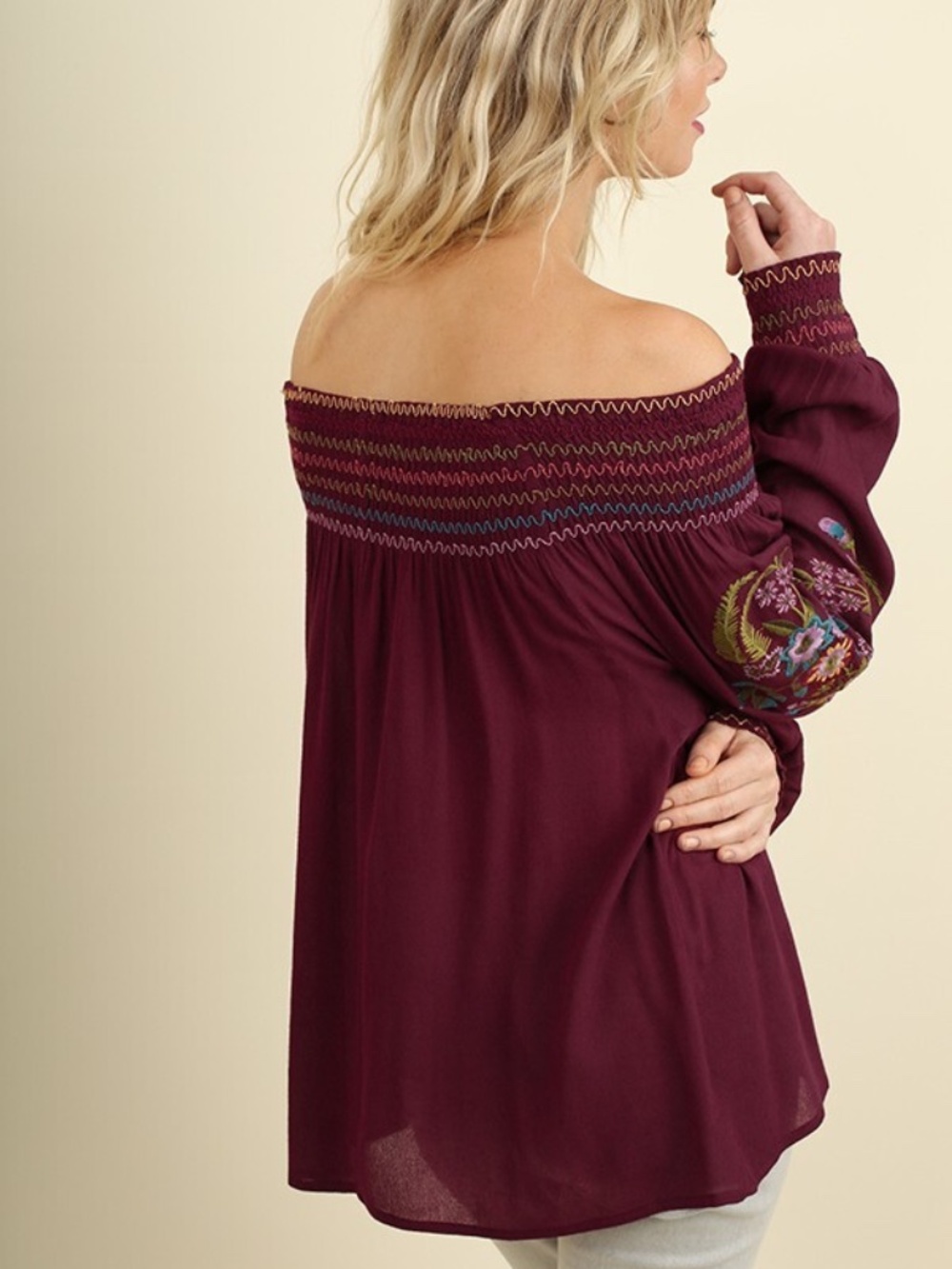 UMGEE Maroon Boho Off-Shoulders Boho Gypsy Embroidered Top / Women's Medium - Picture 2 of 13